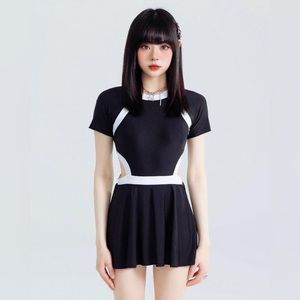 Short-Sleeve Contrast Trim Cut-Out Swim Dress